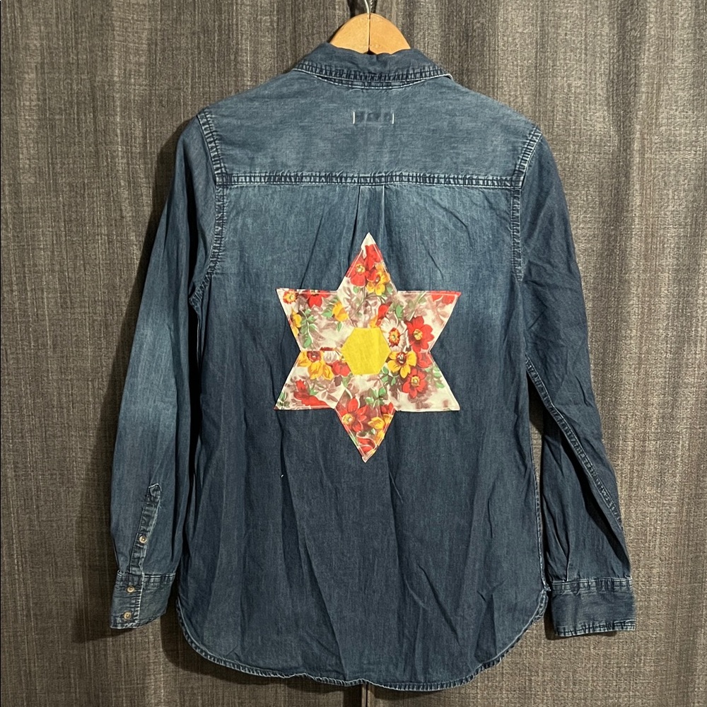 Handmade upcycled denim button down medium shirt with scrap design